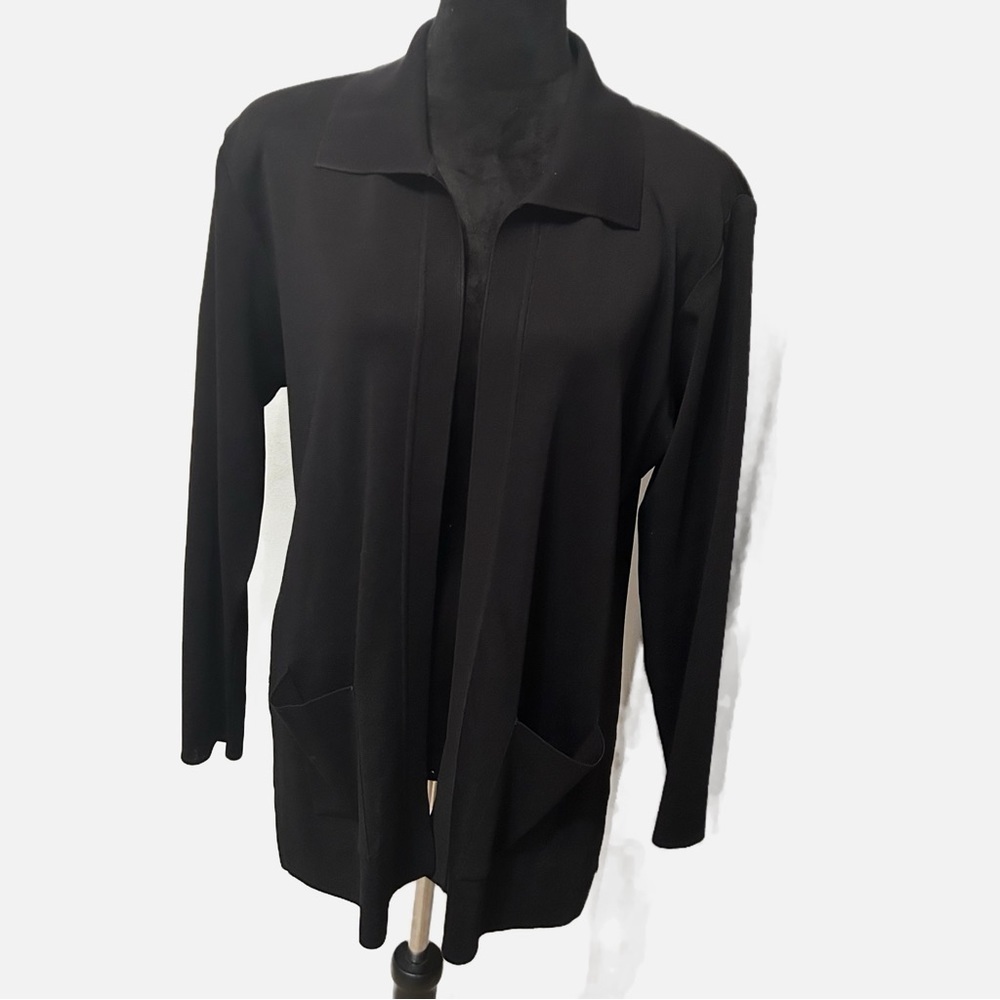 Exclusively Misook Women’s Open Front Cardigan Black Med Pockets Minimalist